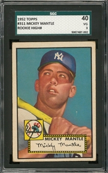 1952 Topps #311 Mickey Mantle Rookie Card – SGC 40 VG 3